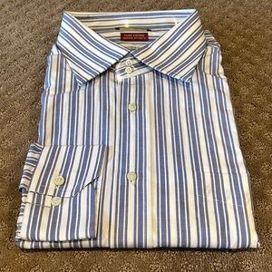 NWOT Mario Cardi Italian Designer Men’s Shirt Blue & White Pinstriped Neck 18/XL
